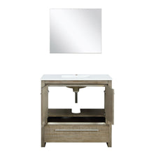 Load image into Gallery viewer, Lexora LLF36SKSOSM28 Lafarre 36&quot; Rustic Acacia Bathroom Vanity, White Quartz Top, White Square Sink, and 28&quot; Frameless Mirror