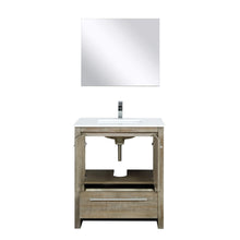 Load image into Gallery viewer, Lexora LLF30SKSOSM28FRG Lafarre 30&quot; Rustic Acacia Bathroom Vanity, White Quartz Top, White Square Sink, Labaro Rose Gold Faucet Set, and 28&quot; Frameless Mirror