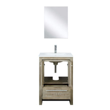 Load image into Gallery viewer, Lexora LLF24SKSOSM18FRG Lafarre 24&quot; Rustic Acacia Bathroom Vanity, White Quartz Top, White Square Sink, Labaro Rose Gold Faucet Set, and 18&quot; Frameless Mirror