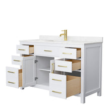 Load image into Gallery viewer, Wyndham Collection WCG242454SWGCCUNSMXX Beckett 54 Inch Single Bathroom Vanity in White, Carrara Cultured Marble Countertop, Undermount Square Sink, Brushed Gold Trim