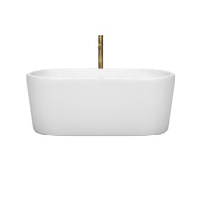 Load image into Gallery viewer, Wyndham Collection WCBTK151159PCATPGD Ursula 59 Inch Freestanding Bathtub in White with Polished Chrome Trim and Floor Mounted Faucet in Brushed Gold