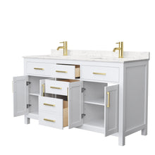 Load image into Gallery viewer, Wyndham Collection WCG242460DWGCCUNSMXX Beckett 60 Inch Double Bathroom Vanity in White, Carrara Cultured Marble Countertop, Undermount Square Sinks, Brushed Gold Trim