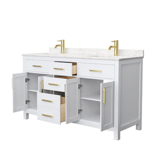 Wyndham Collection WCG242460DWGCCUNSMXX Beckett 60 Inch Double Bathroom Vanity in White, Carrara Cultured Marble Countertop, Undermount Square Sinks, Brushed Gold Trim