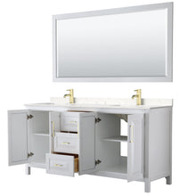 Load image into Gallery viewer, Wyndham Collection WCV252572DWGC2UNSM70 Daria 72 Inch Double Bathroom Vanity in White, Light-Vein Carrara Cultured Marble Countertop, Undermount Square Sinks, 70 Inch Mirror, Brushed Gold Trim