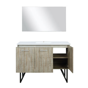 Lexora LLC48SKSOSM43 Lancy 48" Rustic Acacia Bathroom Vanity, White Quartz Top, White Square Sink, and 43" Frameless Mirror