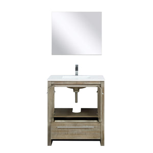 Lexora LLF30SKSOSM28FGM Lafarre 30" Rustic Acacia Bathroom Vanity, White Quartz Top, White Square Sink, Balzani Gun Metal Faucet Set, and 28" Frameless Mirror