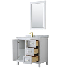 Load image into Gallery viewer, Wyndham Collection WCV252536SWGCMUNSM24 Daria 36 Inch Single Bathroom Vanity in White, White Carrara Marble Countertop, Undermount Square Sink, 24 Inch Mirror, Brushed Gold Trim