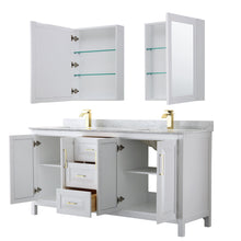 Load image into Gallery viewer, Wyndham Collection WCV252572DWGCMUNSMED Daria 72 Inch Double Bathroom Vanity in White, White Carrara Marble Countertop, Undermount Square Sinks, Medicine Cabinets, Brushed Gold Trim