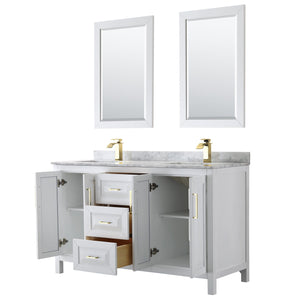 Wyndham Collection WCV252560DWGCMUNSM24 Daria 60 Inch Double Bathroom Vanity in White, White Carrara Marble Countertop, Undermount Square Sinks, 24 Inch Mirrors, Brushed Gold Trim