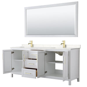 Wyndham Collection WCV252580DWGC2UNSM70 Daria 80 Inch Double Bathroom Vanity in White, Light-Vein Carrara Cultured Marble Countertop, Undermount Square Sinks, 70 Inch Mirror, Brushed Gold Trim