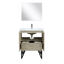 Load image into Gallery viewer, Lexora LLC30SKSOSM28FCH Lancy 30&quot; Rustic Acacia Bathroom Vanity, White Quartz Top, White Square Sink, Monte Chrome Faucet Set, and 28&quot; Frameless Mirror