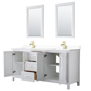 Wyndham Collection WCV252572DWGWCUNSM24 Daria 72 Inch Double Bathroom Vanity in White, White Cultured Marble Countertop, Undermount Square Sinks, 24 Inch Mirrors, Brushed Gold Trim