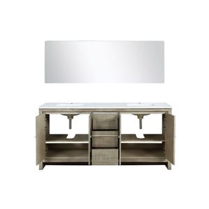 Lexora LLF72DKSODM70 Lafarre 72" Rustic Acacia Double Bathroom Vanity, White Quartz Top, White Square Sinks, and 70" Frameless Mirror