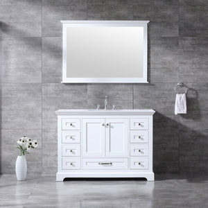 Lexora LD342248SAWQM46F Dukes 48" White Single Vanity, White Quartz Top, White Square Sink and 46" Mirror w/ Faucet