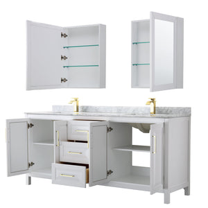 Wyndham Collection WCV252580DWGCMUNSMED Daria 80 Inch Double Bathroom Vanity in White, White Carrara Marble Countertop, Undermount Square Sinks, Medicine Cabinets, Brushed Gold Trim