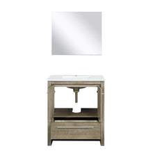 Load image into Gallery viewer, Lexora LLF30SKSOSM28 Lafarre 30&quot; Rustic Acacia Bathroom Vanity, White Quartz Top, White Square Sink, and 28&quot; Frameless Mirror