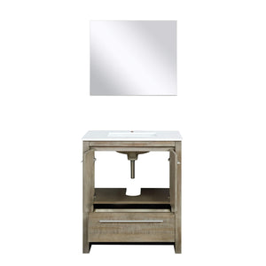 Lexora LLF30SKSOSM28 Lafarre 30" Rustic Acacia Bathroom Vanity, White Quartz Top, White Square Sink, and 28" Frameless Mirror