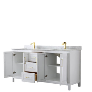 Wyndham Collection WCV252572DWGCMUNSMXX Daria 72 Inch Double Bathroom Vanity in White, White Carrara Marble Countertop, Undermount Square Sinks, Brushed Gold Trim