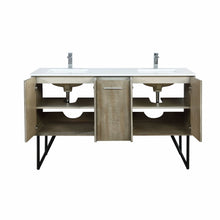 Load image into Gallery viewer, Lexora LLC60DKSOS000FCH Lancy 60&quot; Rustic Acacia Double Bathroom Vanity, White Quartz Top, White Square Sinks, and Monte Chrome Faucet Set