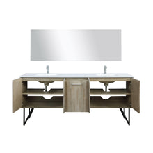 Load image into Gallery viewer, Lexora LLC80DKSOSM70FGM Lancy 80&quot; Rustic Acacia Double Bathroom Vanity, White Quartz Top, White Square Sinks, Balzani Gun Metal Faucet Set, and 70&quot; Frameless Mirror