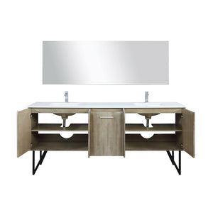 Lexora LLC80DKSOSM70FGM Lancy 80" Rustic Acacia Double Bathroom Vanity, White Quartz Top, White Square Sinks, Balzani Gun Metal Faucet Set, and 70" Frameless Mirror