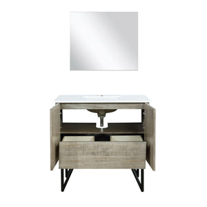 Lexora LLC36SKSOSM28 Lancy 36" Rustic Acacia Bathroom Vanity, White Quartz Top, White Square Sink, and 28" Frameless Mirror