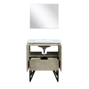 Lexora LLC30SKSOSM28 Lancy 30" Rustic Acacia Bathroom Vanity, White Quartz Top, White Square Sink, and 28" Frameless Mirror