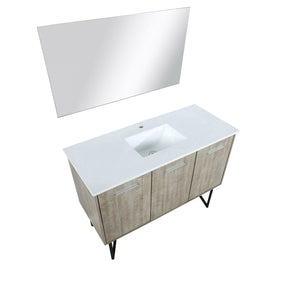 Lexora LLC48SKSOSM43 Lancy 48" Rustic Acacia Bathroom Vanity, White Quartz Top, White Square Sink, and 43" Frameless Mirror