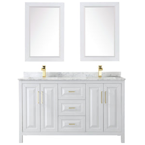 Wyndham Collection WCV252560DWGCMUNSM24 Daria 60 Inch Double Bathroom Vanity in White, White Carrara Marble Countertop, Undermount Square Sinks, 24 Inch Mirrors, Brushed Gold Trim