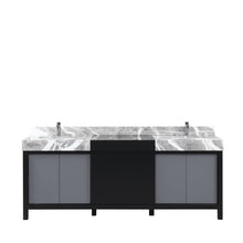 Load image into Gallery viewer, Lexora LZ342284DLISFMC Zilara 84&quot; Black and Grey Double Vanity, Castle Grey Marble Tops, White Square Sinks, and Monte Chrome Faucet Set