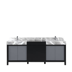 Lexora LZ342284DLISFMC Zilara 84" Black and Grey Double Vanity, Castle Grey Marble Tops, White Square Sinks, and Monte Chrome Faucet Set