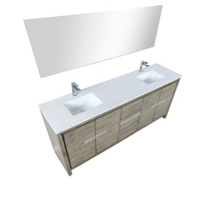 Lexora LLF80DKSODM70FGM Lafarre 80" Rustic Acacia Double Bathroom Vanity, White Quartz Top, White Square Sinks, Balzani Gun Metal Faucet Set, and 70" Frameless Mirror