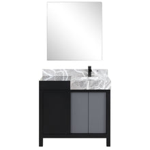 Load image into Gallery viewer, Lexora LZ342236SLISM30FCM Zilara 36&quot; Black and Grey Vanity, Castle Grey Marble Top, White Square Sink, Cascata Nera Matte Black Faucet Set, and 30&quot; Frameless Mirror