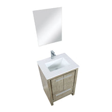 Load image into Gallery viewer, Lexora LLF24SKSOSM18FBN Lafarre 24&quot; Rustic Acacia Bathroom Vanity, White Quartz Top, White Square Sink, Labaro Brushed Nickel Faucet Set, and 18&quot; Frameless Mirror