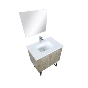 Lexora LLC30SKSOSM28FCH Lancy 30" Rustic Acacia Bathroom Vanity, White Quartz Top, White Square Sink, Monte Chrome Faucet Set, and 28" Frameless Mirror