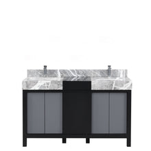 Load image into Gallery viewer, Lexora LZ342255SLISFMC Zilara 55&quot; Black and Grey Double Vanity, Castle Grey Marble Tops, White Square Sinks, and Monte Chrome Faucet Set