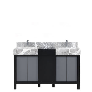 Lexora LZ342255SLISFMC Zilara 55" Black and Grey Double Vanity, Castle Grey Marble Tops, White Square Sinks, and Monte Chrome Faucet Set