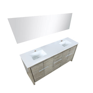 Lexora LLF72DKSODM70 Lafarre 72" Rustic Acacia Double Bathroom Vanity, White Quartz Top, White Square Sinks, and 70" Frameless Mirror
