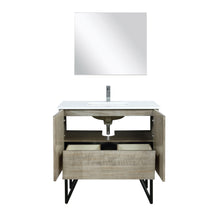 Load image into Gallery viewer, Lexora LLC36SKSOSM28FGM Lancy 36&quot; Rustic Acacia Bathroom Vanity, White Quartz Top, White Square Sink, Balzani Gun Metal Faucet Set, and 28&quot; Frameless Mirror