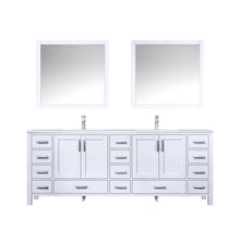 Load image into Gallery viewer, Lexora LJ342284DADSM34F Jacques 84&quot; White Double Vanity, White Carrara Marble Top, White Square Sinks and 34&quot; Mirrors w/ Faucets