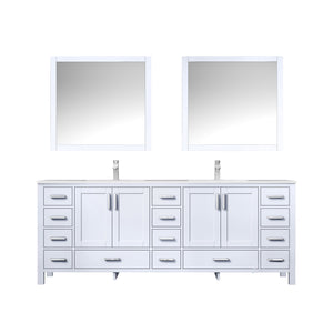 Lexora LJ342284DADSM34F Jacques 84" White Double Vanity, White Carrara Marble Top, White Square Sinks and 34" Mirrors w/ Faucets