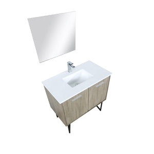 Lexora LLC36SKSOSM28FRG Lancy 36" Rustic Acacia Bathroom Vanity, White Quartz Top, White Square Sink, Labaro Rose Gold Faucet Set, and 28" Frameless Mirror