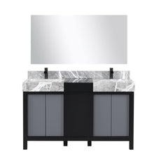 Load image into Gallery viewer, Lexora LZ342255SLISM53FCM Zilara 55&quot; Black and Grey Double Vanity, Castle Grey Marble Tops, White Square Sinks, Cascata Nera Matte Black Faucet Set, and 53&quot; Frameless Mirror