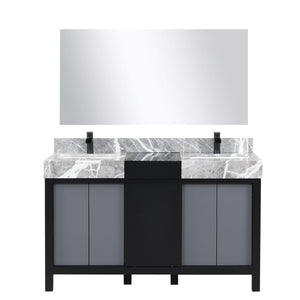 Lexora LZ342255SLISM53FCM Zilara 55" Black and Grey Double Vanity, Castle Grey Marble Tops, White Square Sinks, Cascata Nera Matte Black Faucet Set, and 53" Frameless Mirror