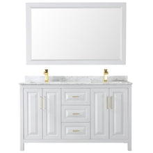 Load image into Gallery viewer, Wyndham Collection WCV252560DWGCMUNSM58 Daria 60 Inch Double Bathroom Vanity in White, White Carrara Marble Countertop, Undermount Square Sinks, 58 Inch Mirror, Brushed Gold Trim