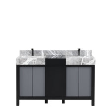 Load image into Gallery viewer, Lexora LZ342255SLISFBG Zilara 55&quot; Black and Grey Double Vanity, Castle Grey Marble Tops, White Square Sinks, and Balzani Gun Metal Faucet Set