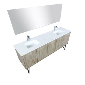 Lexora LLC80DKSOSM70FGM Lancy 80" Rustic Acacia Double Bathroom Vanity, White Quartz Top, White Square Sinks, Balzani Gun Metal Faucet Set, and 70" Frameless Mirror