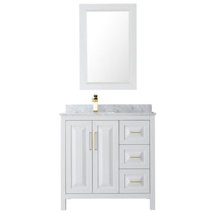 Wyndham Collection WCV252536SWGCMUNSM24 Daria 36 Inch Single Bathroom Vanity in White, White Carrara Marble Countertop, Undermount Square Sink, 24 Inch Mirror, Brushed Gold Trim