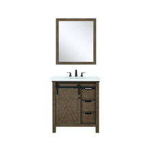 Load image into Gallery viewer, Lexora LM342230SKCSM28F Marsyas 30&quot; Rustic Brown Single Vanity, White Quartz Top, White Square Sink and 28&quot; Mirror w/ Faucet