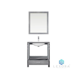 Lexora LJ342230SDDSM28F Jacques 30" Distressed Grey Single Vanity, White Carrara Marble Top, White Square Sink and 28" Mirror w/ Faucet
